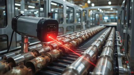 Laser scanner on conveyor belt in manufacturing facility for quality control process