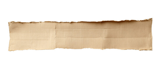 Torn cardboard strip with brown paper and ripped edge, showcasing corrugated texture, isolated on white for versatile design.