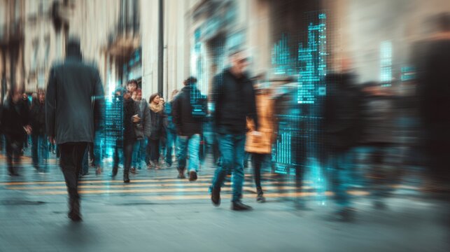 Blurred shopping crowd with holographic meters, shoppers navigate evening boulevard past neon boutiques while holograms display personal health stats and promotional offers, augmented reality overlays