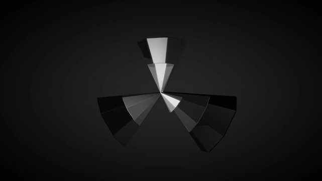 Geometric radial pattern formed by overlapping sharp black and white triangular wedge shapes arranged in a spiral over a smooth dark background