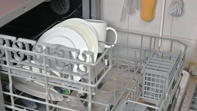 식기 세척기에 그릇을 넣는 장면, 주방 설거지 준비 과정