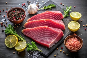  Tuna steak, slices, hero shot dark background