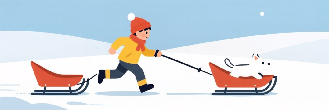 Winter fun: boy and dog sledding