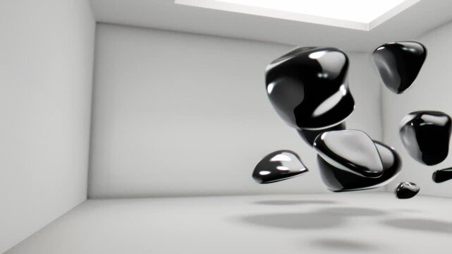 Shiny black sculptural objects floating inside a bright white studio room with a skylight casting shadows to enhance the surreal composition and soft ambiance