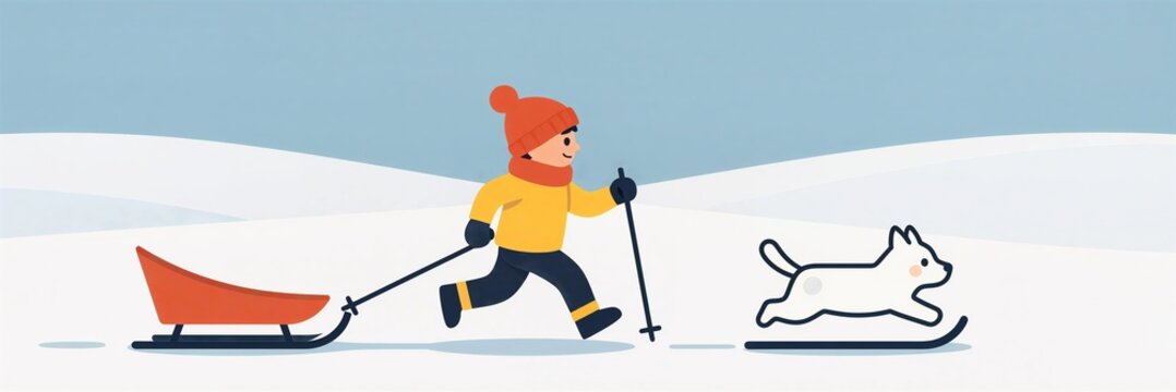 Winter fun: boy and dog sledding