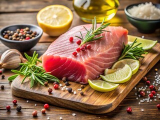  Tuna steak, slices, hero shot dark background