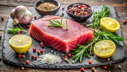  Tuna steak, slices, hero shot dark background