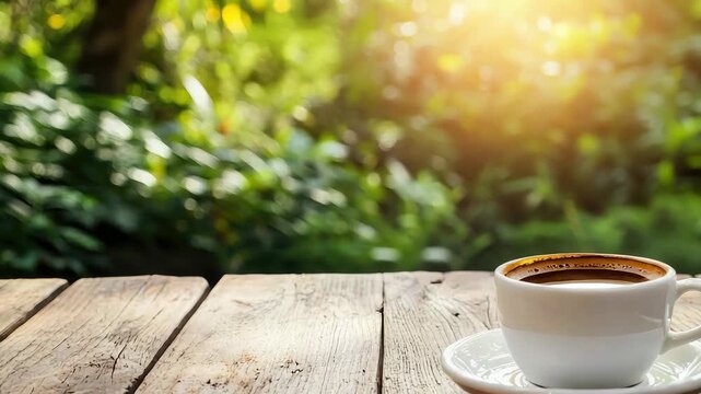 a cup of coffee on an empty table in the garden. Selective focus