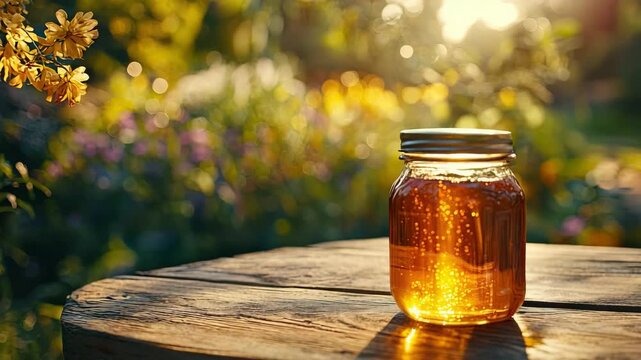 on an empty table in the garden a jar of honey. Selective focus