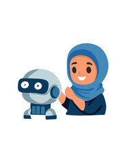Obraz premium girl inventor showcasing intelligent robot at science fair