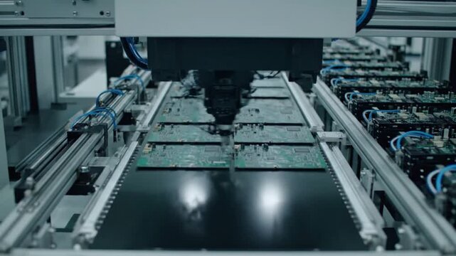 Automated precision robotic arm integrates electronic components onto circuit boards within a high-tech manufacturing facility for enterprise hardware production.