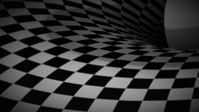 Distorted black and white checkered pattern forming a tunnel-like structure in an abstract 3D space with smooth curved geometry and visual illusion