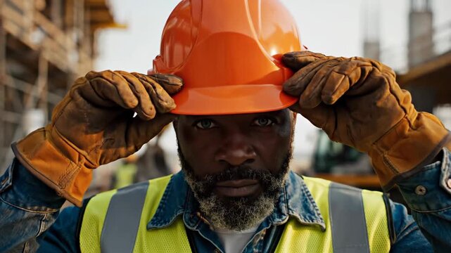 Construction worker adjusting hard hat, wearing a safety vest. Building site in the background