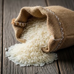Rice spilling out of burlap sack on wooden surface