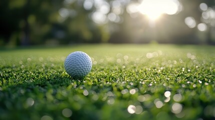 A golf ball rests on dew-kissed green grass, back-lit by the sun, on a sunny morning