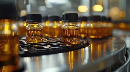 A close-up view of glass vials filled with amber liquid on a rotating production line
