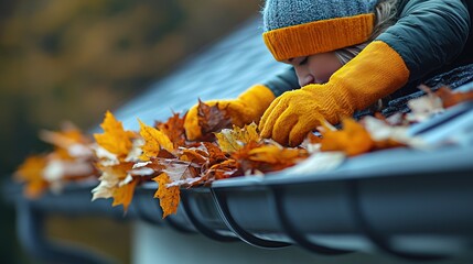 A person wearing a hat and gloves clears autumn leaves from a dark gutter on a roof