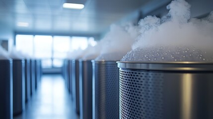 Industrial row of metallic containers emitting vapor under fluorescent lighting in a facility