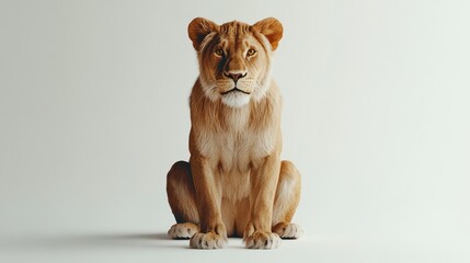 Portrait of a regal lioness seated against a stark white backdrop, direct gaze