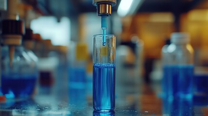 Close-up shot showcasing blue liquid being dispensed into a glass vial, lab setting