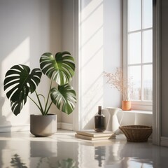 Serene indoor space with natural light and plants