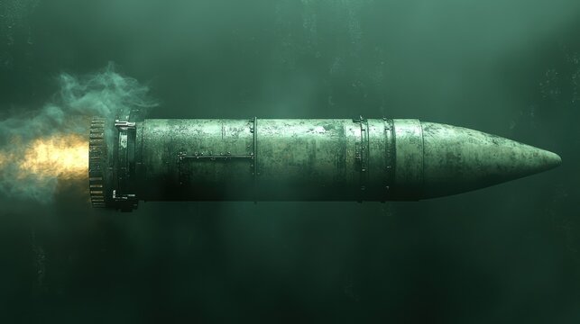 Underwater 3D rendered depiction of a torpedo-shaped projectile