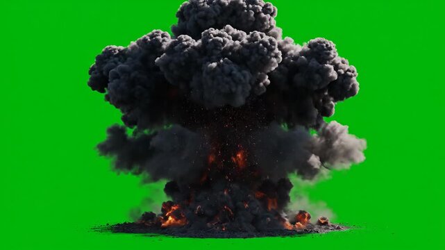 Large explosion of fire and smoke billowing upwards with a green screen background