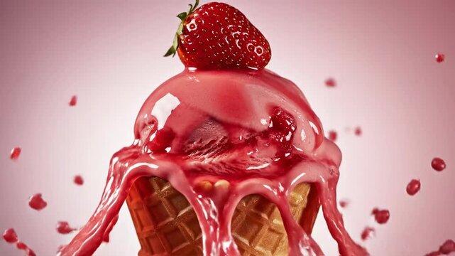 Pink ice cream cone with strawberries exploding in a pink liquid splash against a smooth pink background
