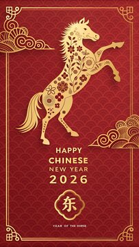 Luxurious Chinese New Year 2026 Year of the Horse Poster with Golden Floral Stallion on Red Pattern Background