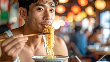 Man enjoying a delicious bowl of noodles with chopsticks.
