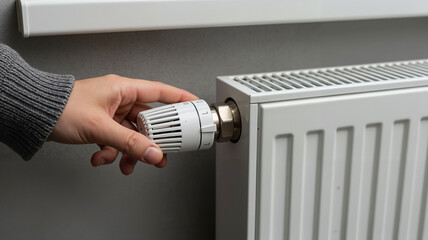 Person adjusting temperature on radiator heater in modern interior  