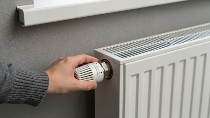 Adjusting thermostat on modern radiator in home interior  