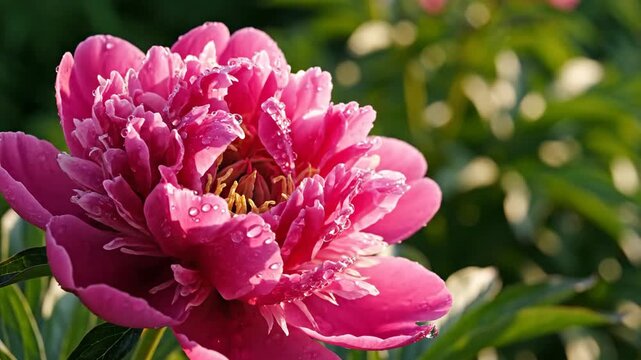 Pink peony bloom covered in morning dew with softly blurred green foliage background in natural light