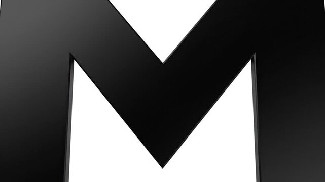 A bold, stylized representation of the letter "M" rendered in a stark black against a pure white background