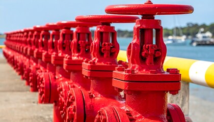 Red Valves on a Pier - Industrial Infrastructure Detail.
