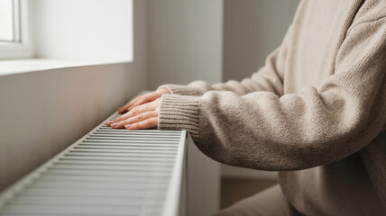 Obraz premium Person resting hands on radiator by window in cozy indoor setting 