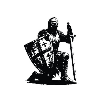 Black and white vintage illustration of a medieval knight kneeling with sword and shield hand drawn style vector art