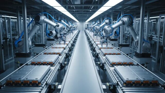 Automated robotic arms orchestrate high precision assembly of electronic components on a synchronized production line within a modern smart factory facility.