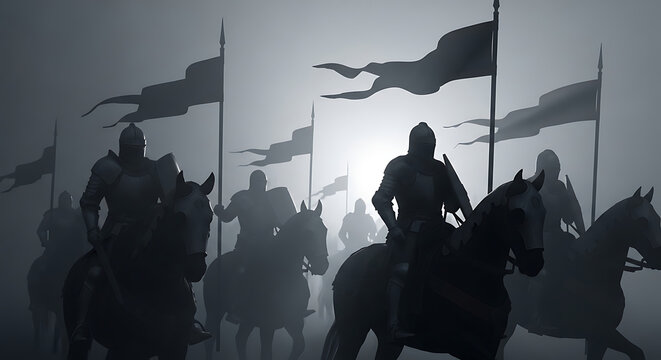 Silhouetted Horsemen with Flags in Battle Formation Against a Misty Sky