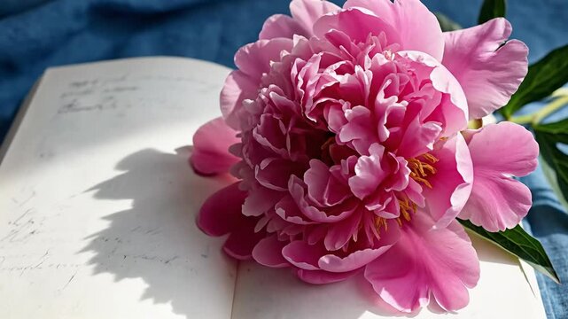 Pink peony flower atop an open, old book with handwriting on a blue fabric background