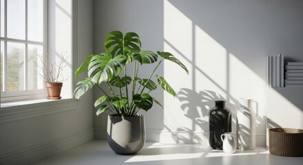 Serene white room with potted plant and natural light