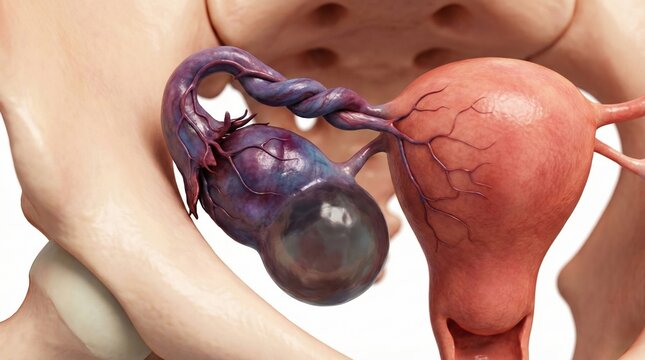 Ovarian torsion 3D medical visualization shows twisted fallopian tube and vascular pedicle caused by heavy cyst, swollen ischemic ovary contrasted with healthy uterus, clinical pathology render