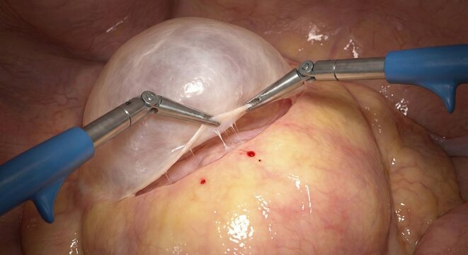 Laparoscopic ovarian cystectomy close up visualization features precise separation of cyst wall from ovary using graspers, detailed gynecology surgery scene, clinical education image