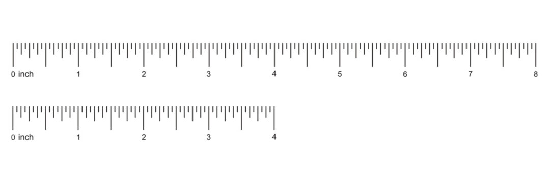 Measuring chart, ruler scale with 4 and 8 inches set. Length measurement distance, height, math. Sewing tool with four and eight inch templat