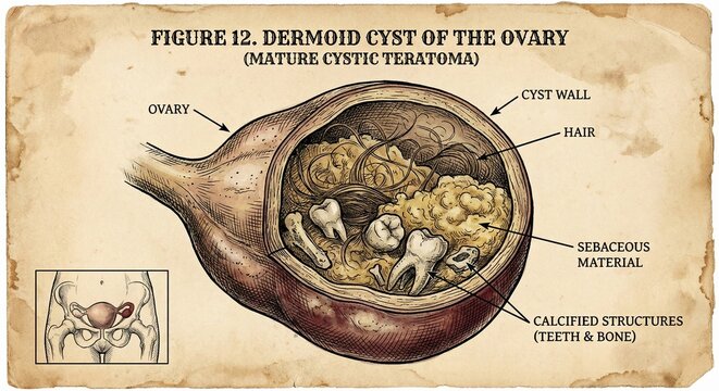 Dermoid cyst ovary medical diagram features mature cystic teratoma cross section revealing complex internal contents, precise ink anatomy style, historical scientific reference image