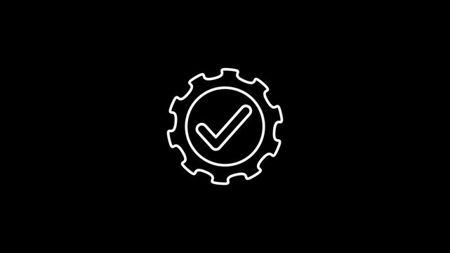 Animated setting icon with check mark on black background. system configuration success, digital interface setup confirmation, technology and maintenance concept