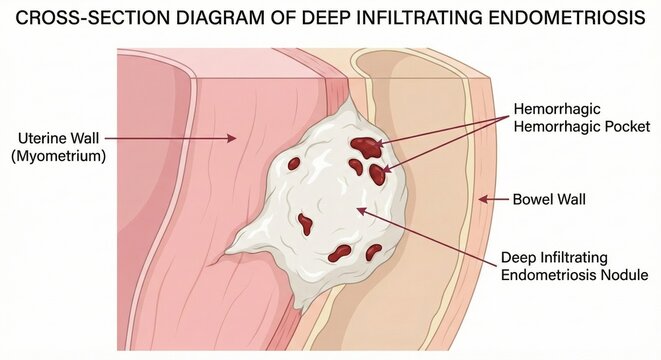 Endometriosis gynecology fertility diagram features deep infiltrating endometriosis within uterus and bowel layers, fibrotic mass with hemorrhagic spots, clinical textbook style illustration