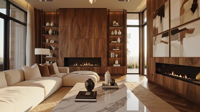 Contemporary living room with a long cream sofa, marble coffee table, and elegant wood wall features, and warm lighting