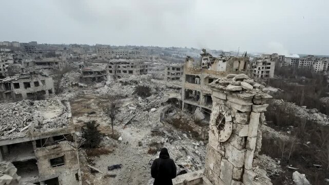 A lone individual surveys a devastated city from a fractured clock tower. Ruins dominate the horizon, symbolizing catastrophic destruction and utter desolation.