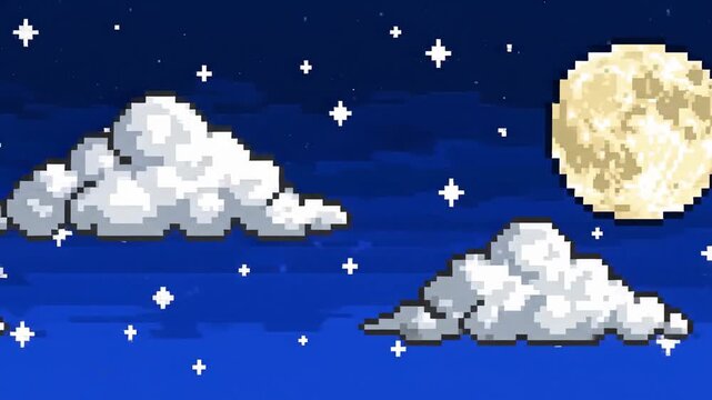 Pixelated nightscape featuring white clouds, scattered stars, and a yellow moon on a deep blue background